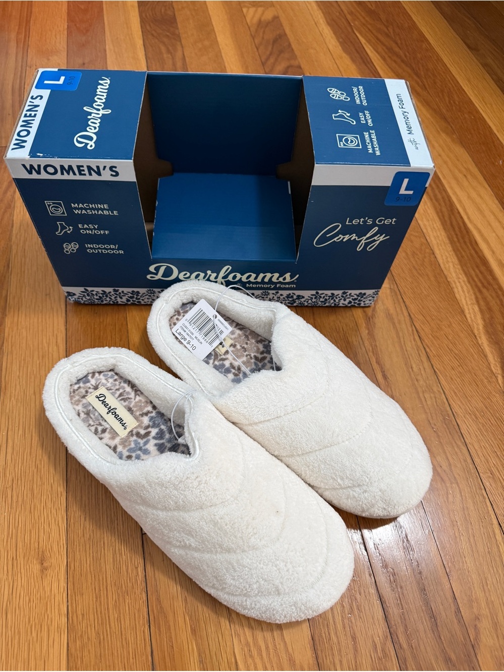 Dearfoams Women's Indoor/Outdoor Memory Foam Slippers Size L 9-10 Off-White